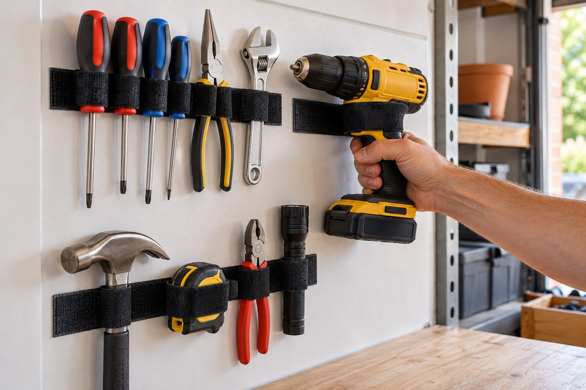 Tools held on a garage wall with black hook and loop straps