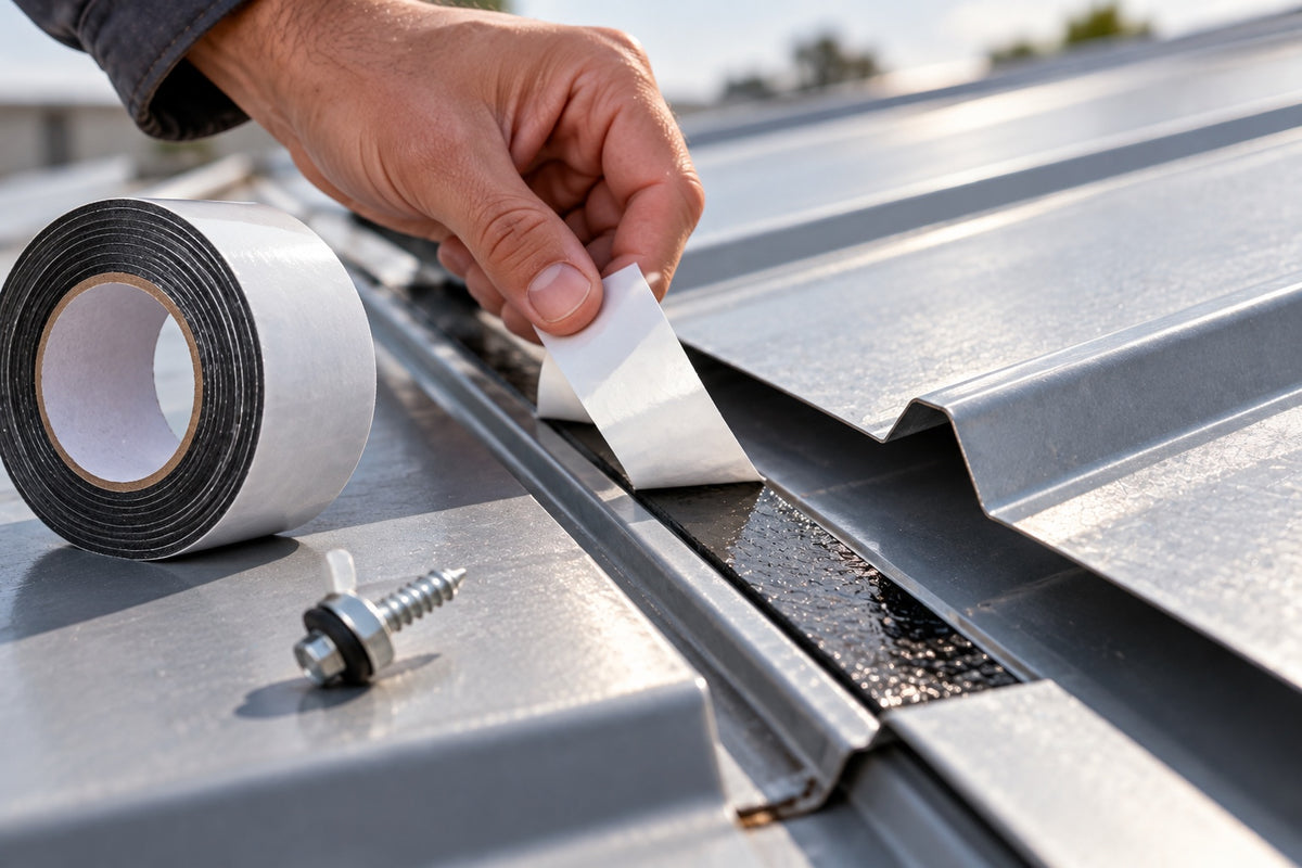 A hand peeling the release liner off black butyl tape laid along a metal roof panel overlap
