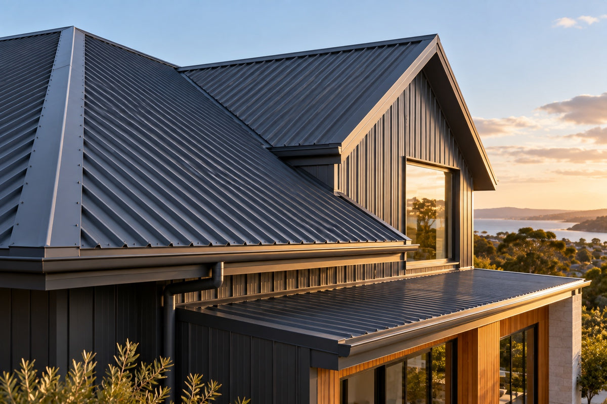 A charcoal metal roof and wall cladding on a modern Australian home at sunset