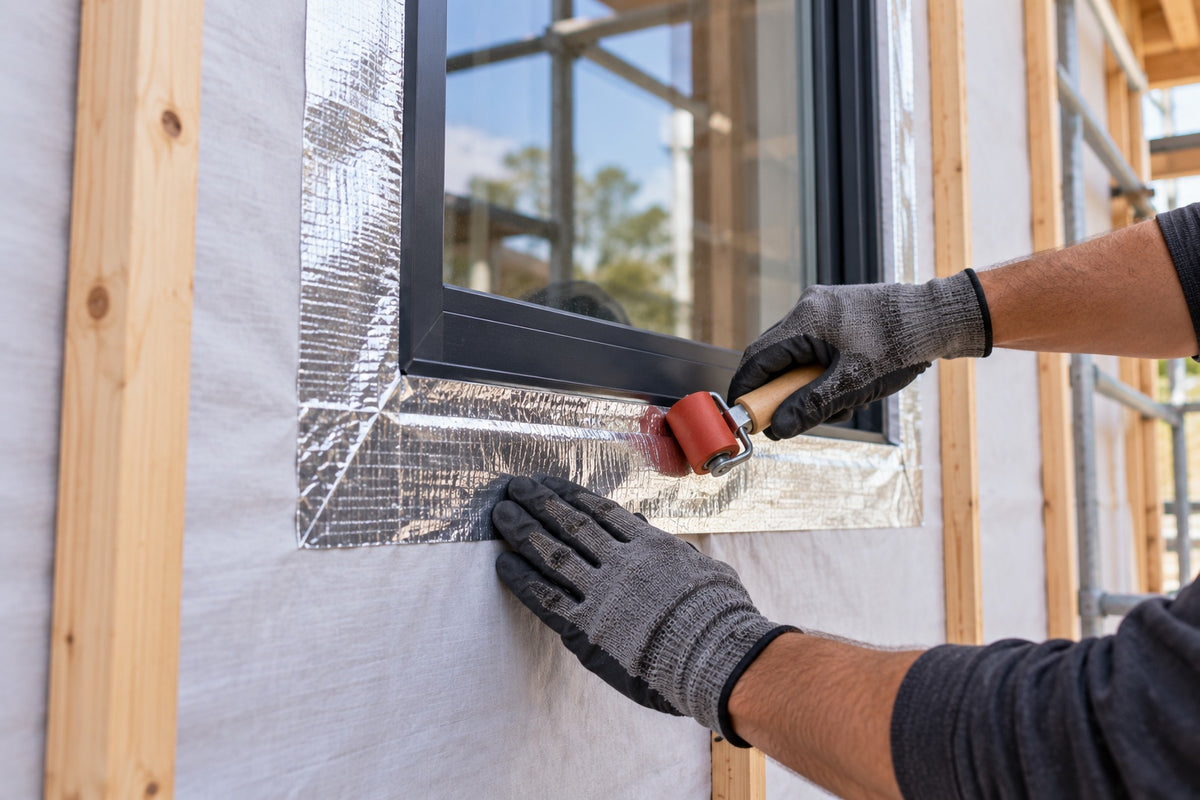Gloved hands rolling aluminium flashing tape around a window frame on house wrap