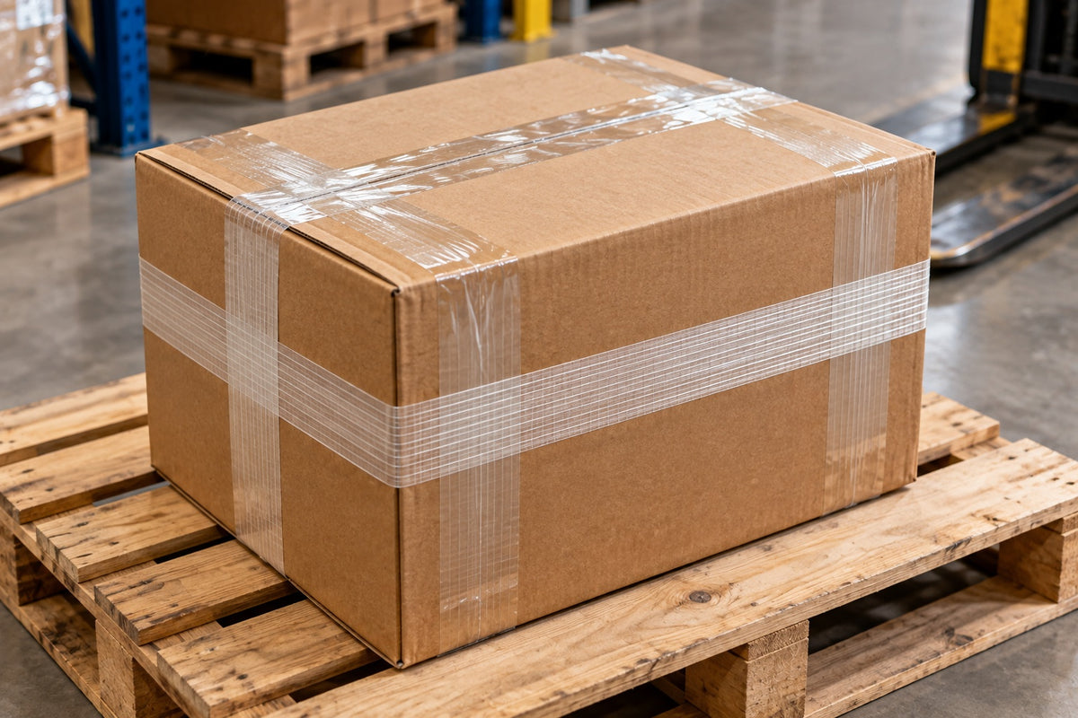 A carton on a timber pallet sealed with clear tape and reinforced with bands of filament tape