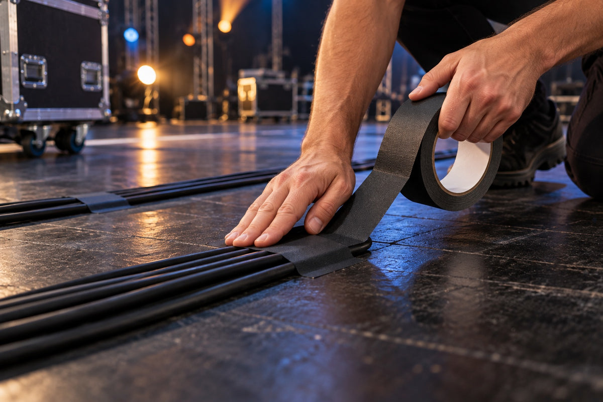 A hand pressing matte black gaffer tape over cables on a stage floor