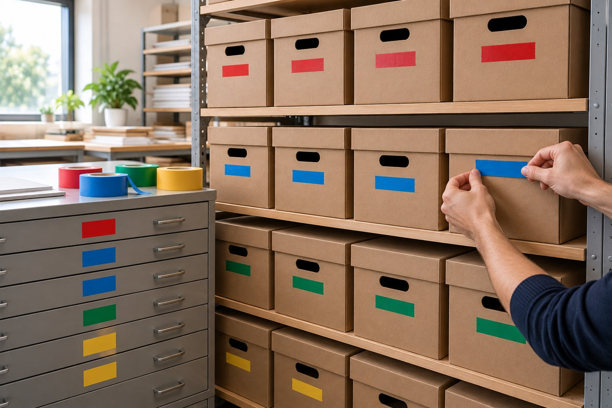 Archive boxes and drawers colour-coded with strips of coloured masking tape
