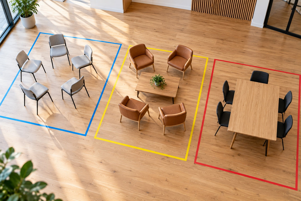 An office floor divided into meeting zones with blue, yellow and red masking tape