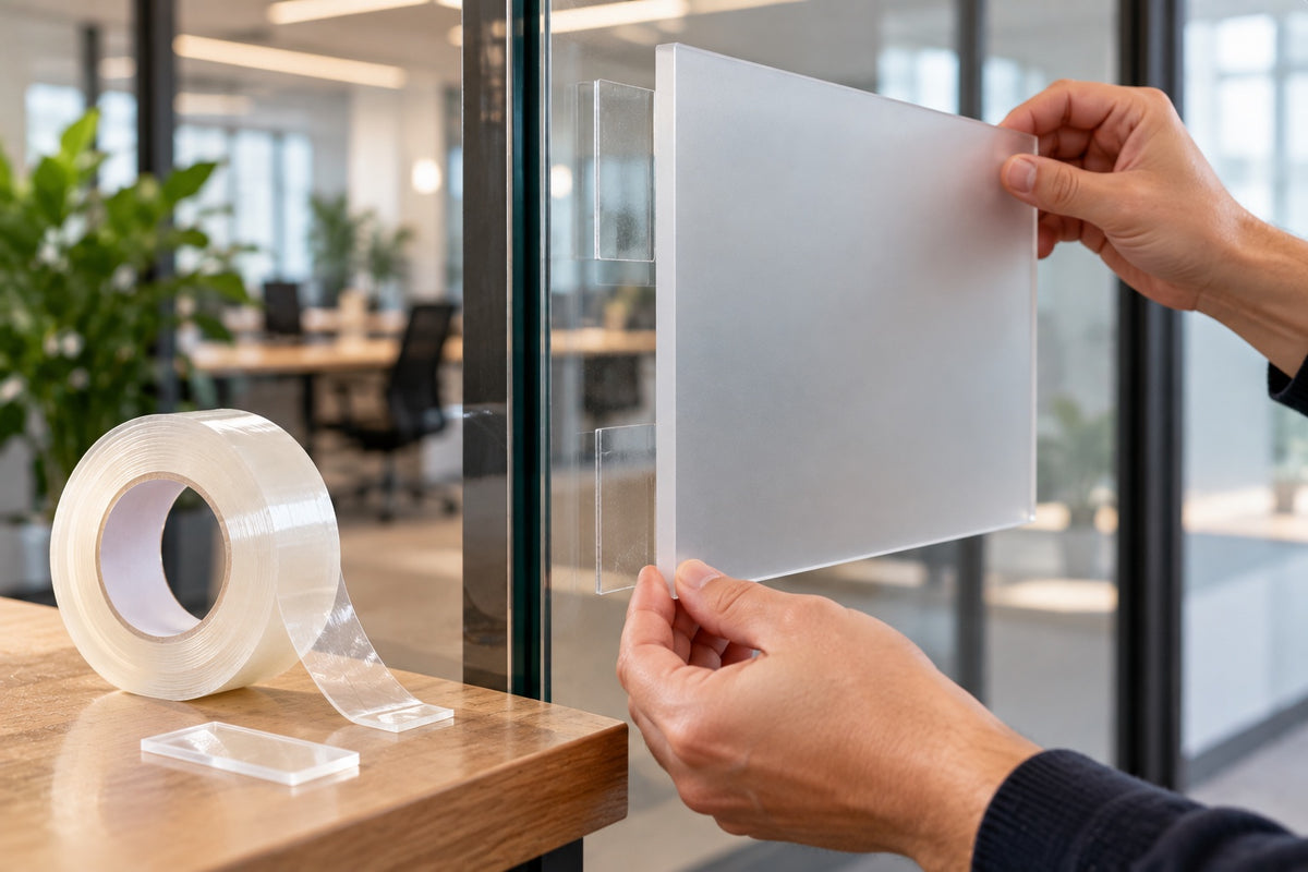 Hands fixing a frosted acrylic panel to a glass office partition with clear mounting tape