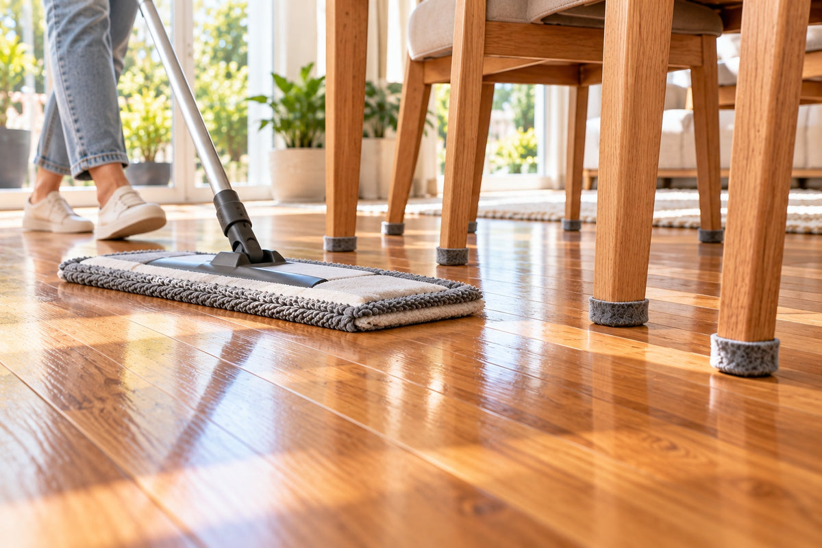A microfibre mop cleaning a glossy timber floor past dining chair legs fitted with grey felt pads