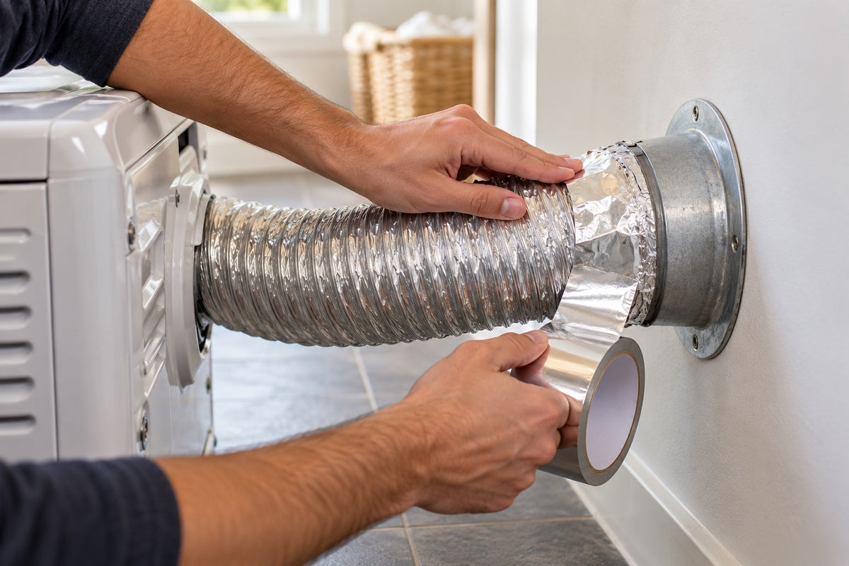 Hands wrapping aluminium foil tape around the joint between a clothes dryer's vent hose and the wall duct