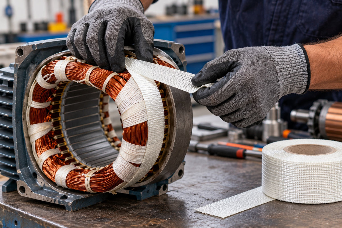 Gloved hands wrapping white fibreglass cloth tape around the copper windings of an electric motor