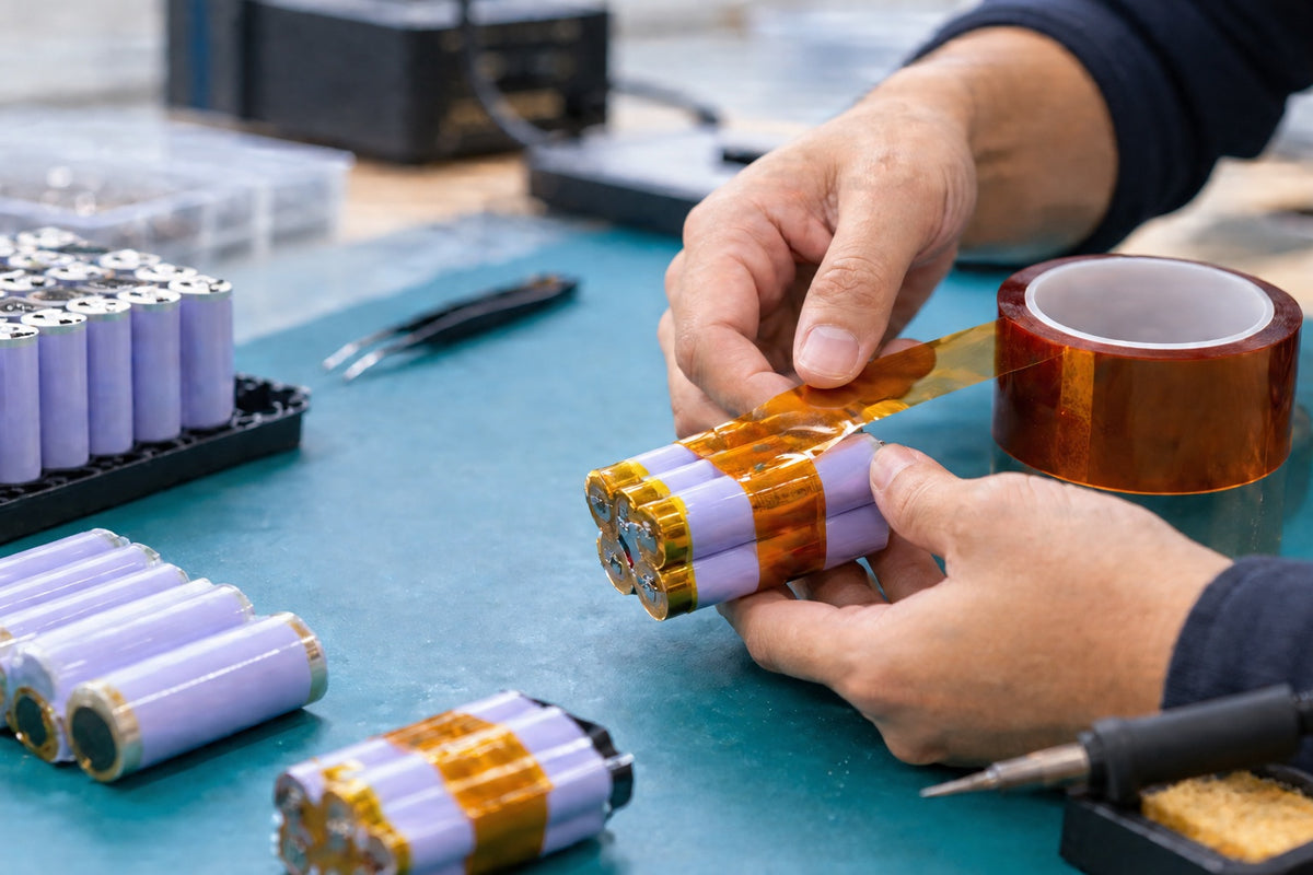 Hands wrapping a bundle of battery cells with amber polyimide tape on an electronics workbench