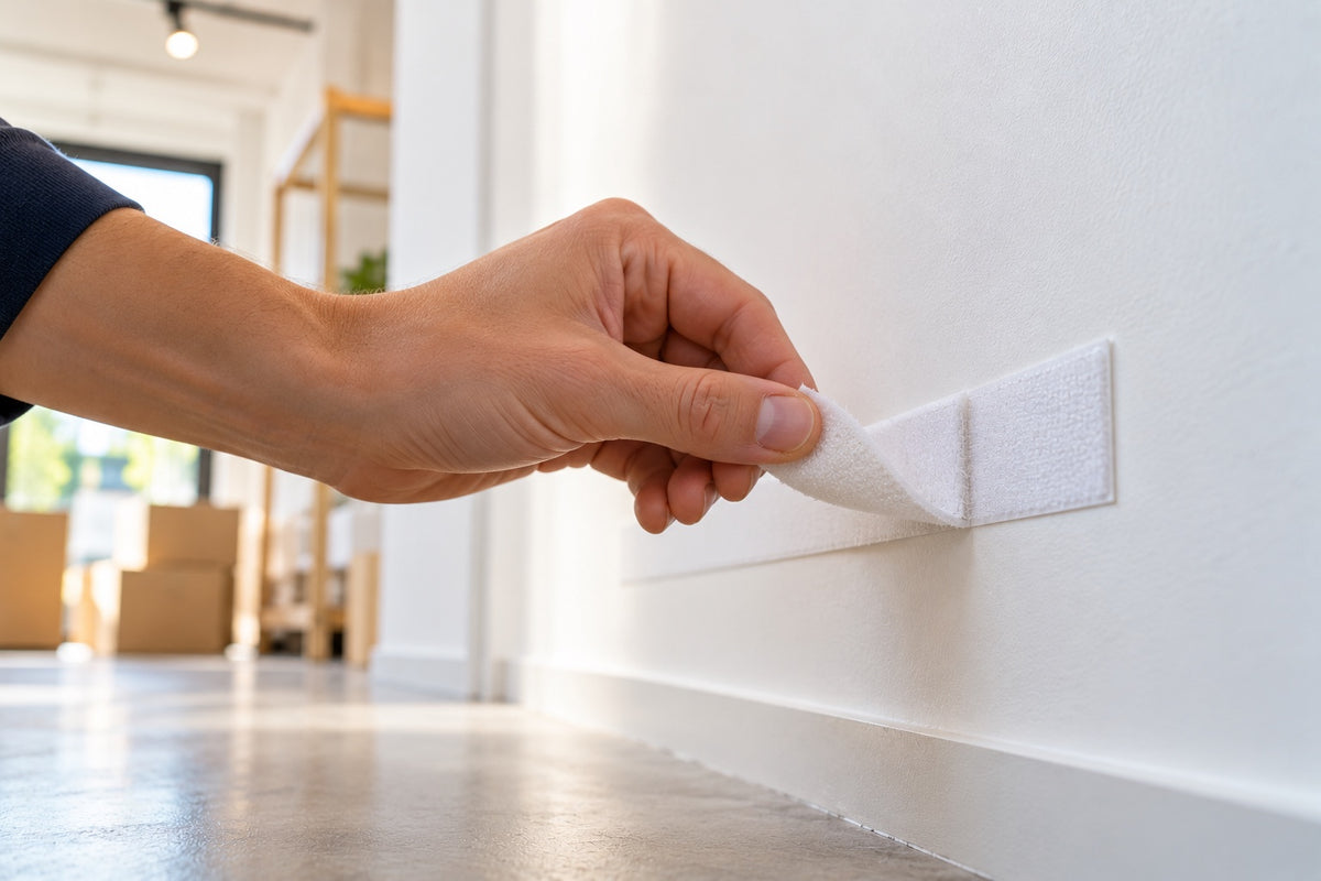 A hand peeling a removable hook and loop strip off a clean white wall