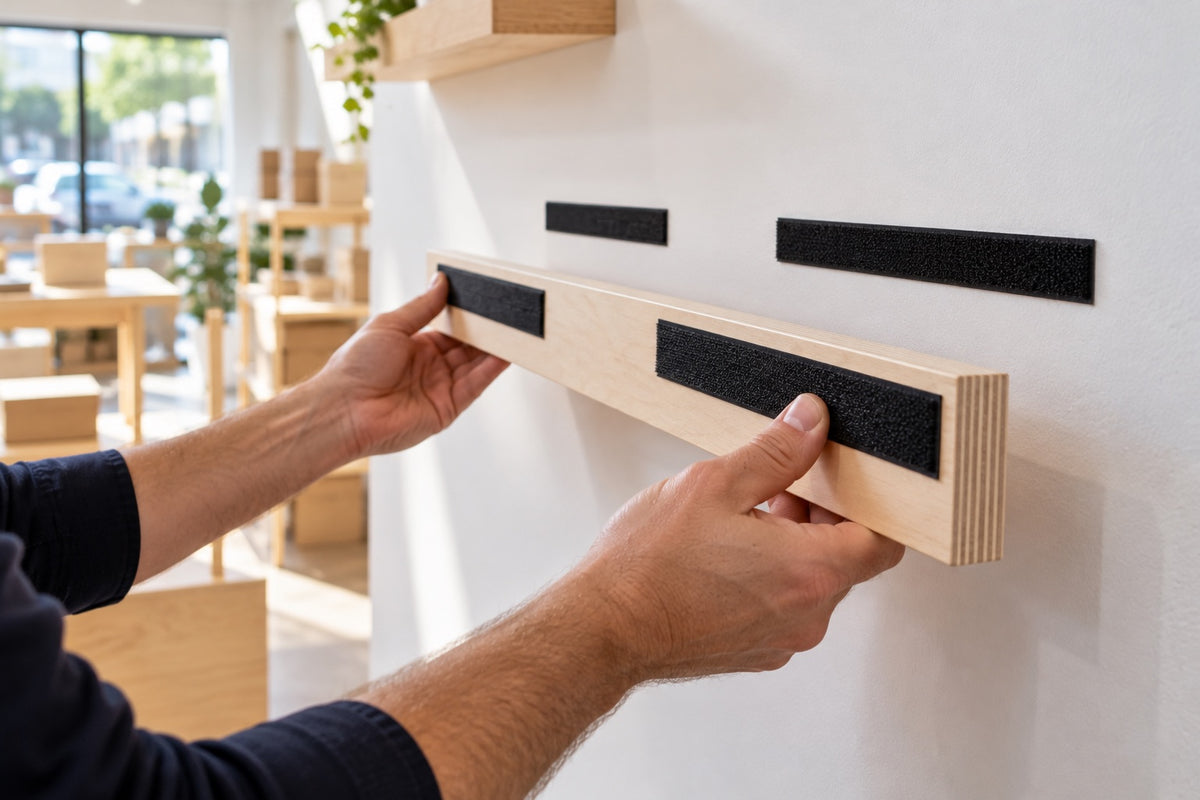 Hands holding a birch plywood display ledge with black hook and loop strips on its back, below matching strips on a white pop-up shop wall