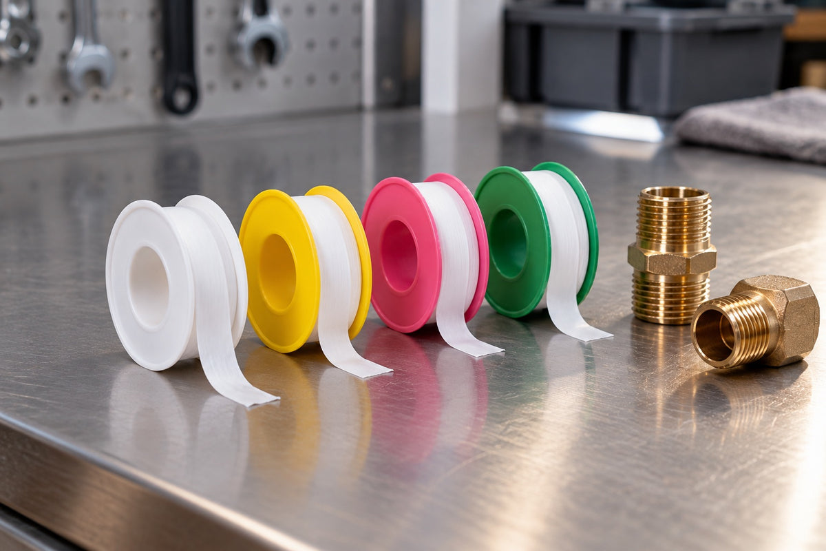 White, yellow, pink and green rolls of thread seal tape beside brass fittings on a steel bench