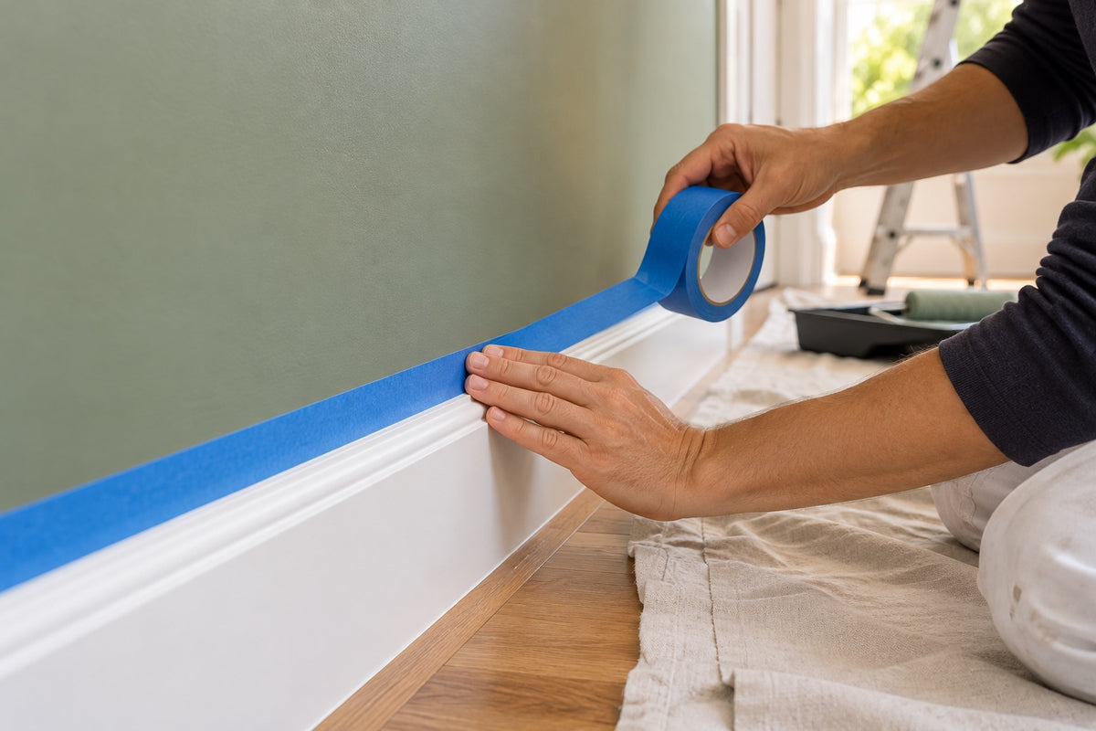 Hands running blue painter's tape along a skirting board below a sage-green wall