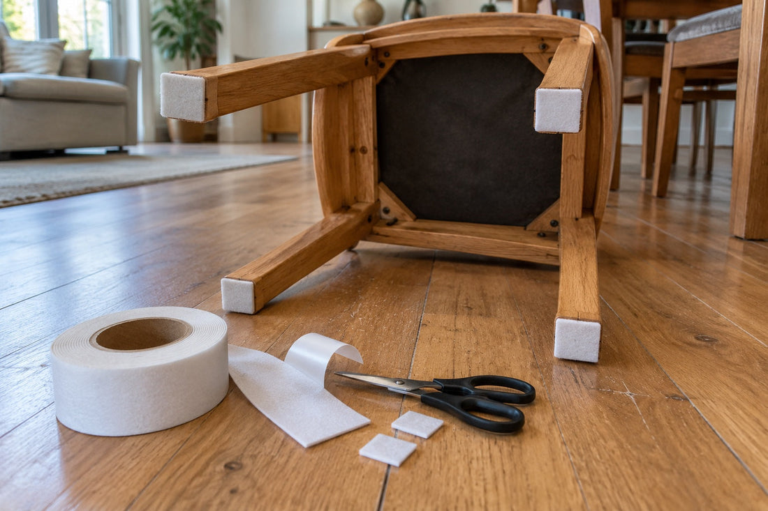 A timber dining chair on its side on an oak floor, white felt pads on its legs, with a roll of felt tape and scissors