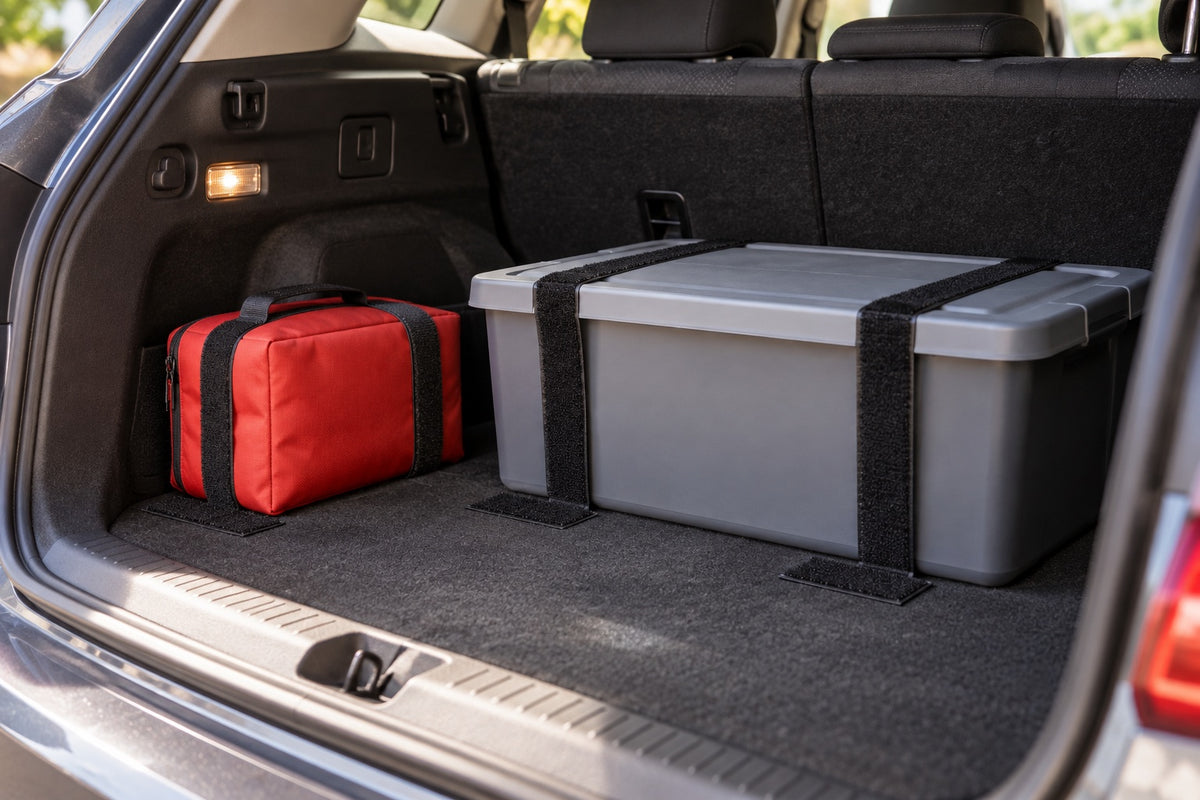A first-aid bag and a storage tub held in place in a car boot with black hook and loop straps