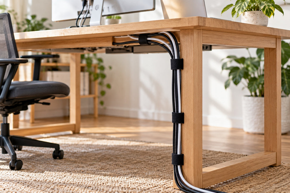 Cables bundled with black hook and loop ties running neatly down the leg of a timber desk