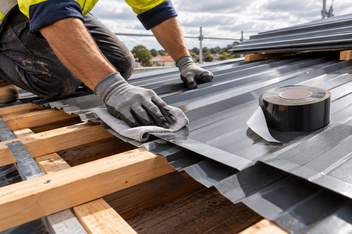 A gloved hand wiping a corrugated roof sheet clean before taping, with a roll of butyl tape beside it