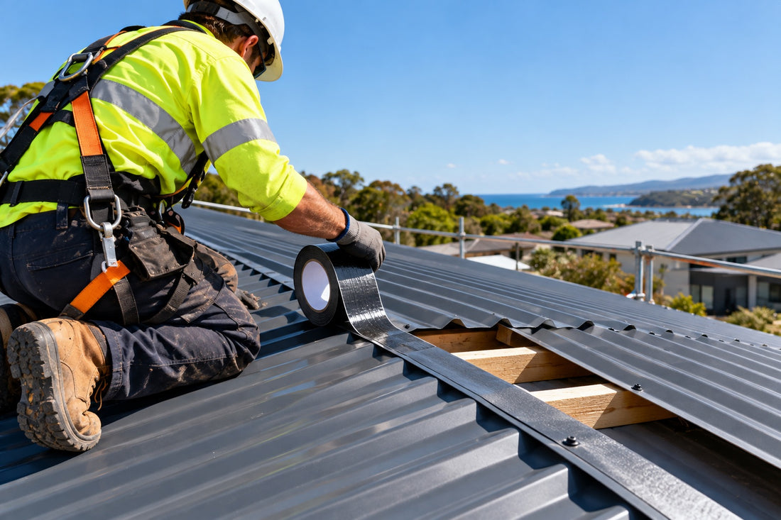A roofer in a safety harness applying black butyl tape along a corrugated steel roof sheet