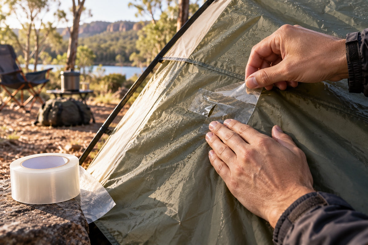 Hands sealing a tear in a tent fly with clear waterproof repair tape at a bush campsite