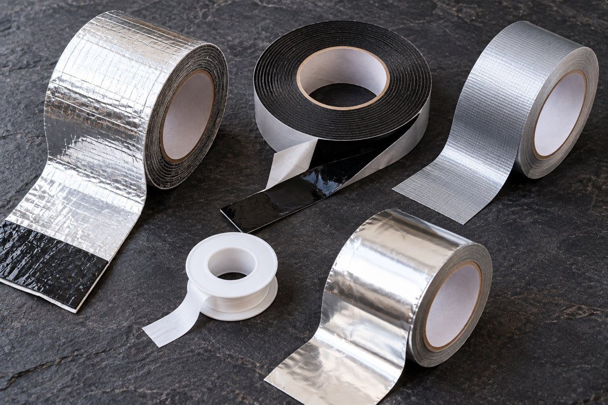 Rolls of aluminium-faced butyl tape, black butyl tape, silver duct tape, aluminium foil tape and PTFE tape on dark slate