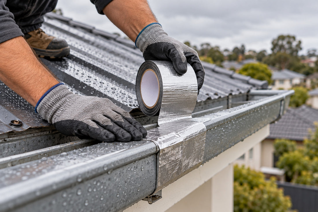Gloved hands pressing aluminium-faced butyl tape over a joint in a wet metal gutter