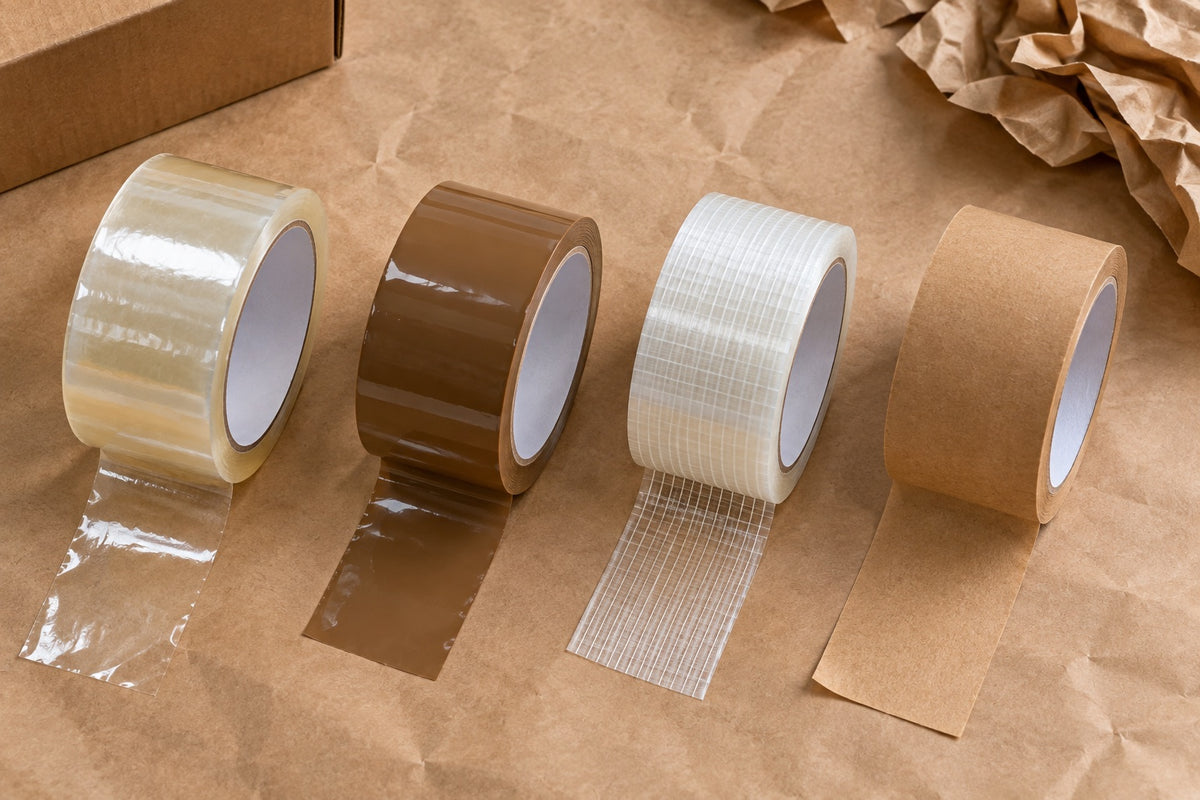 Rolls of clear, brown, filament and kraft paper packaging tape laid out on brown paper