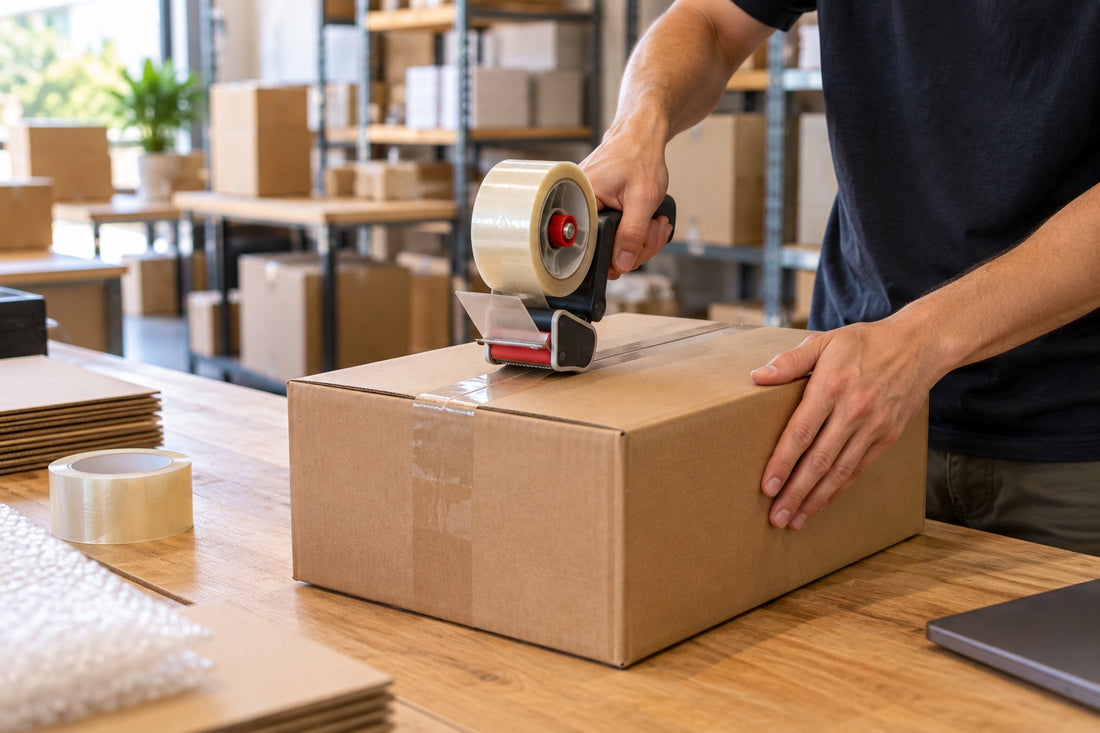 A packer sealing a cardboard carton with clear packaging tape from a pistol-grip tape dispenser