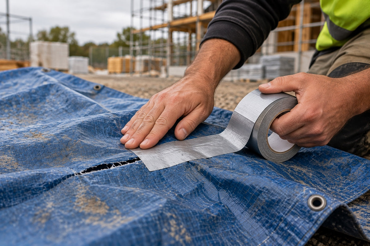 Hands pressing silver duct tape over a split in a blue tarp on a building site