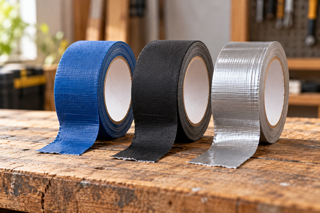 Rolls of blue cloth tape, black gaffer tape and silver duct tape standing on a timber workbench