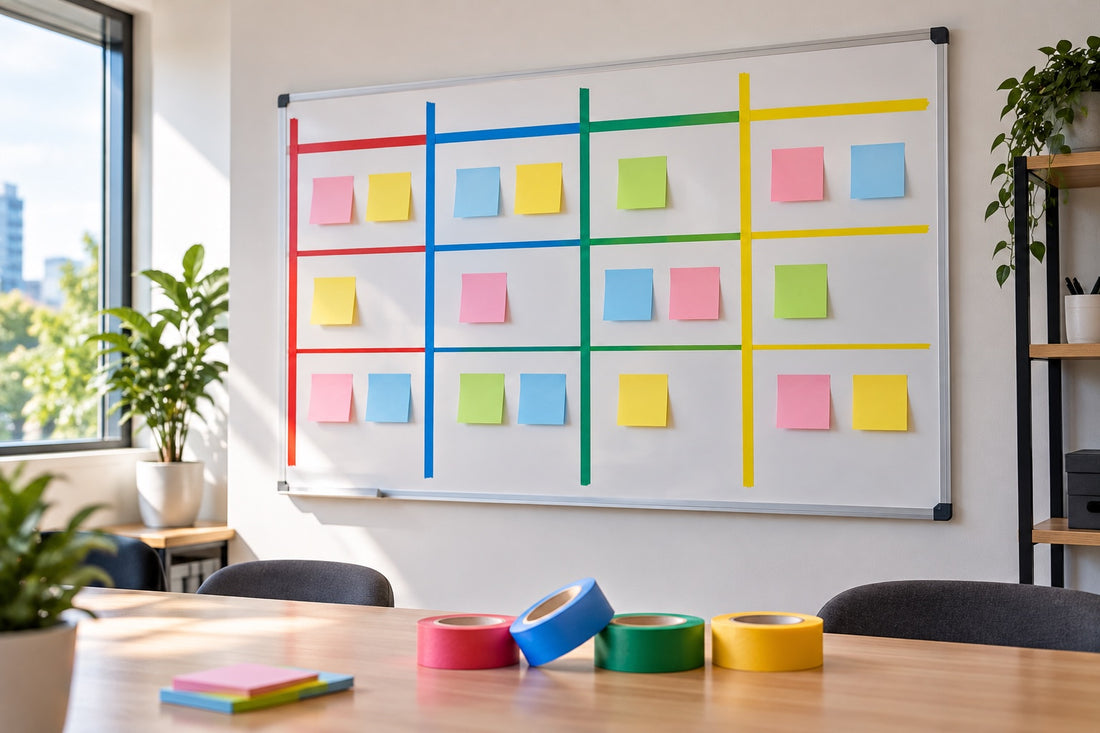 An office whiteboard laid out as a planning grid with strips of coloured masking tape and blank sticky notes