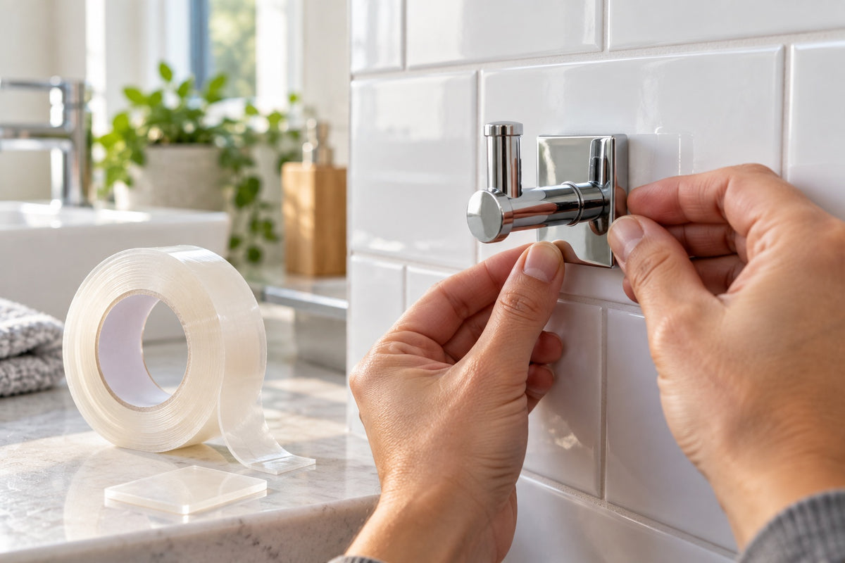 Hands mounting a chrome hook on white bathroom tiles with clear double-sided tape