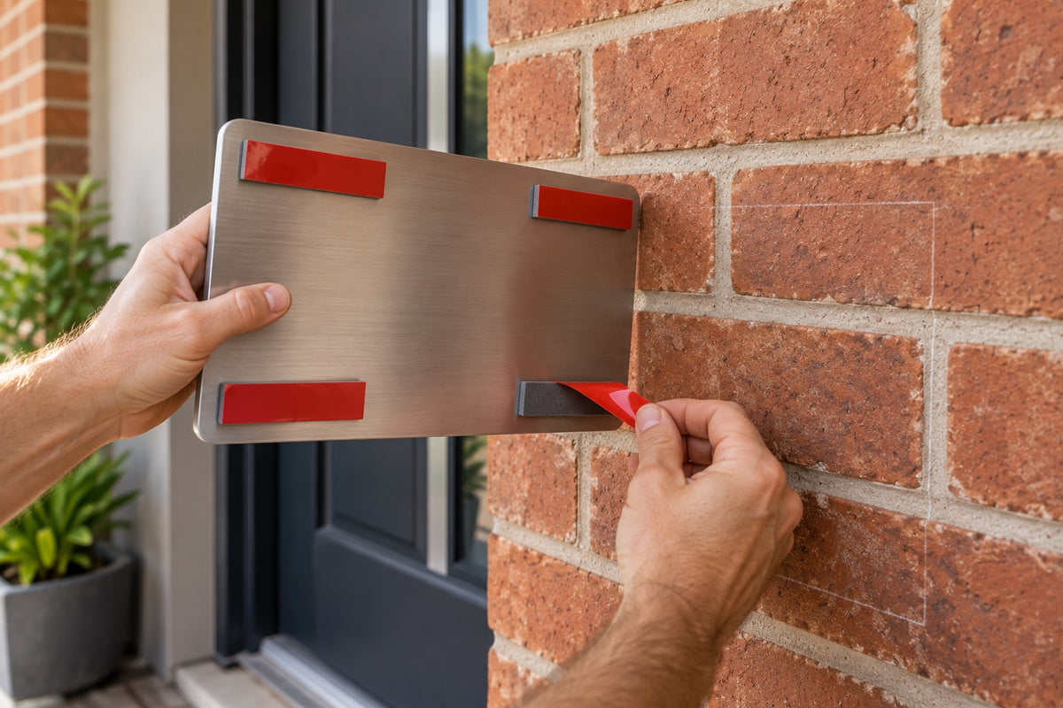 Hands peeling the red liner off grey double-sided foam tape on the back of a blank stainless plaque beside a red-brick wall