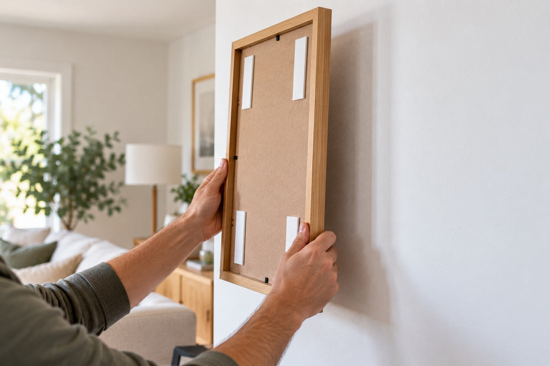 Hands pressing a timber picture frame with white double-sided foam tape strips onto a white wall
