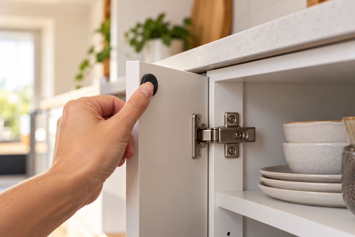 A fingertip pressing a small black felt dot onto the inside edge of a white kitchen cabinet door