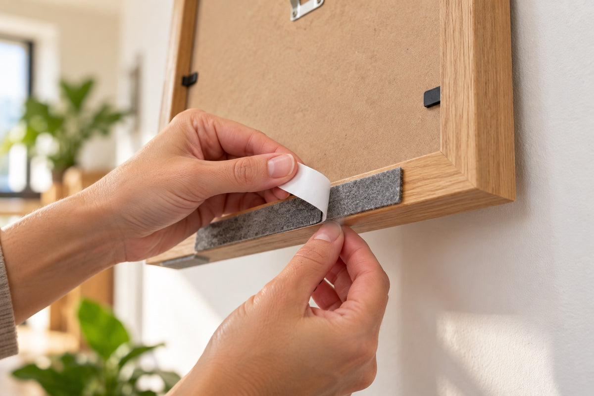 Hands peeling the backing off a strip of grey felt tape stuck along the bottom edge of a timber picture frame