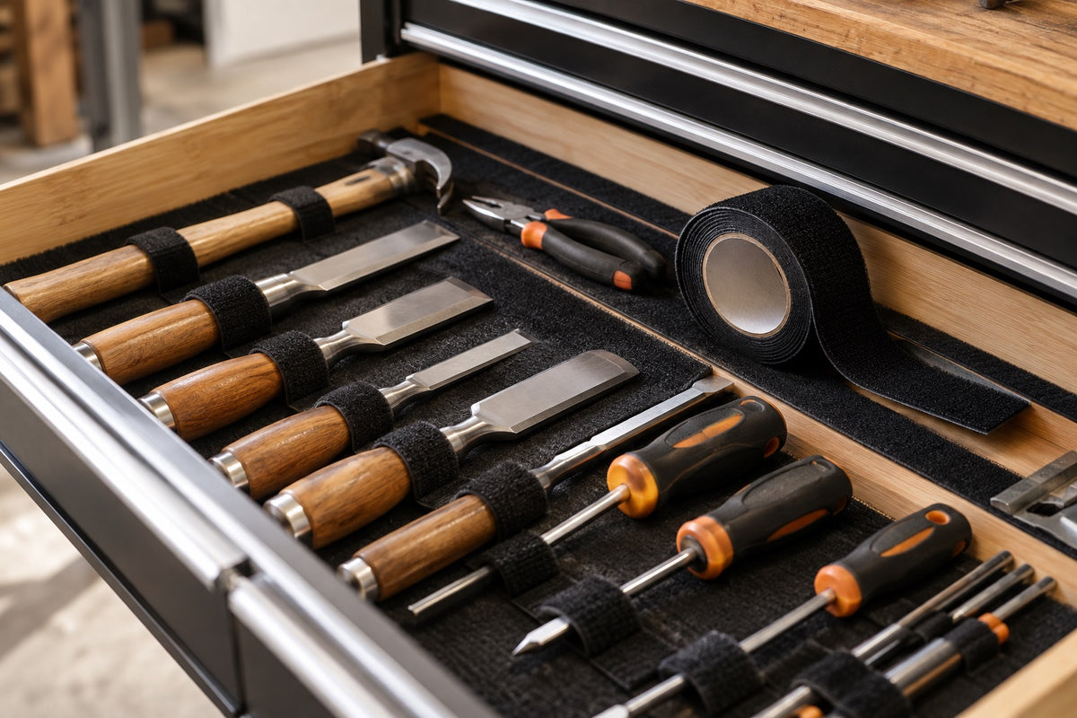 Chisels and screwdrivers held neatly in a tool drawer on a black lining, beside a roll of black tape