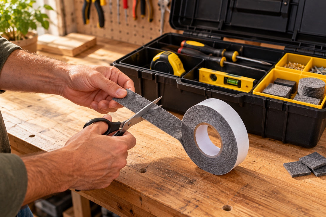 Hands cutting a strip of felt tape with scissors beside an open toolbox on a workbench