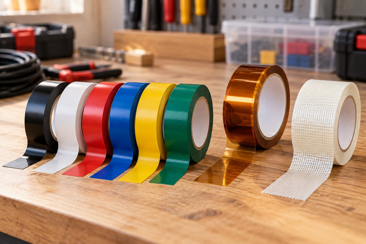 Rolls of PVC electrical tape in six colours beside amber polyimide tape and white fibreglass tape on a workbench