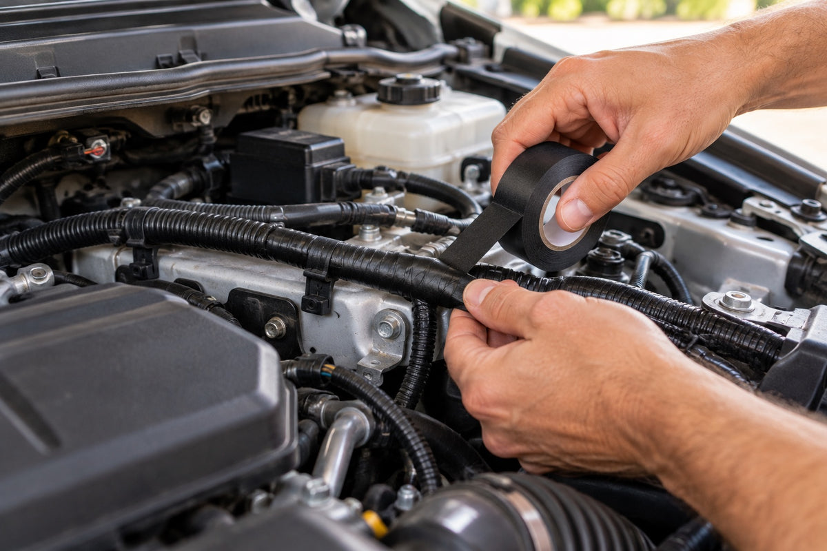 Hands wrapping black insulation tape around a wiring harness in a car engine bay