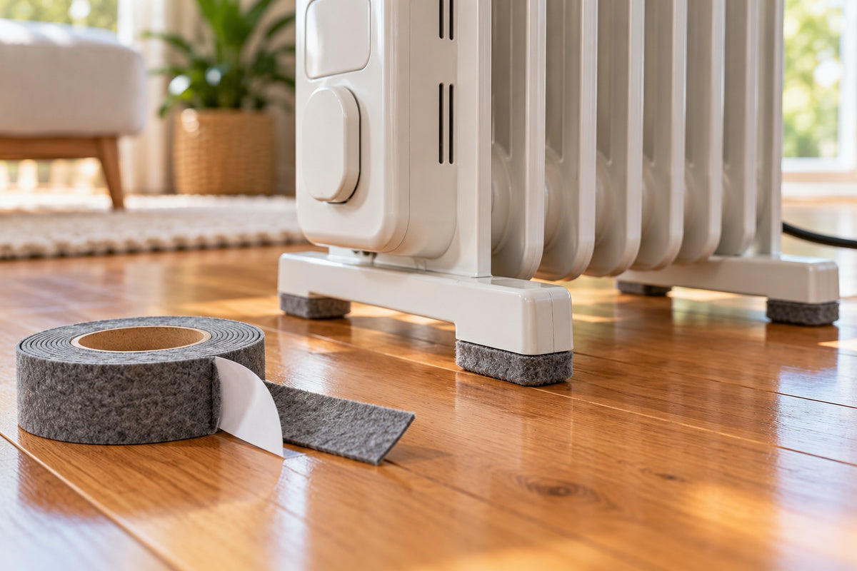 Grey felt pads under the feet of a white oil heater on a polished timber floor, with a roll of felt tape beside it