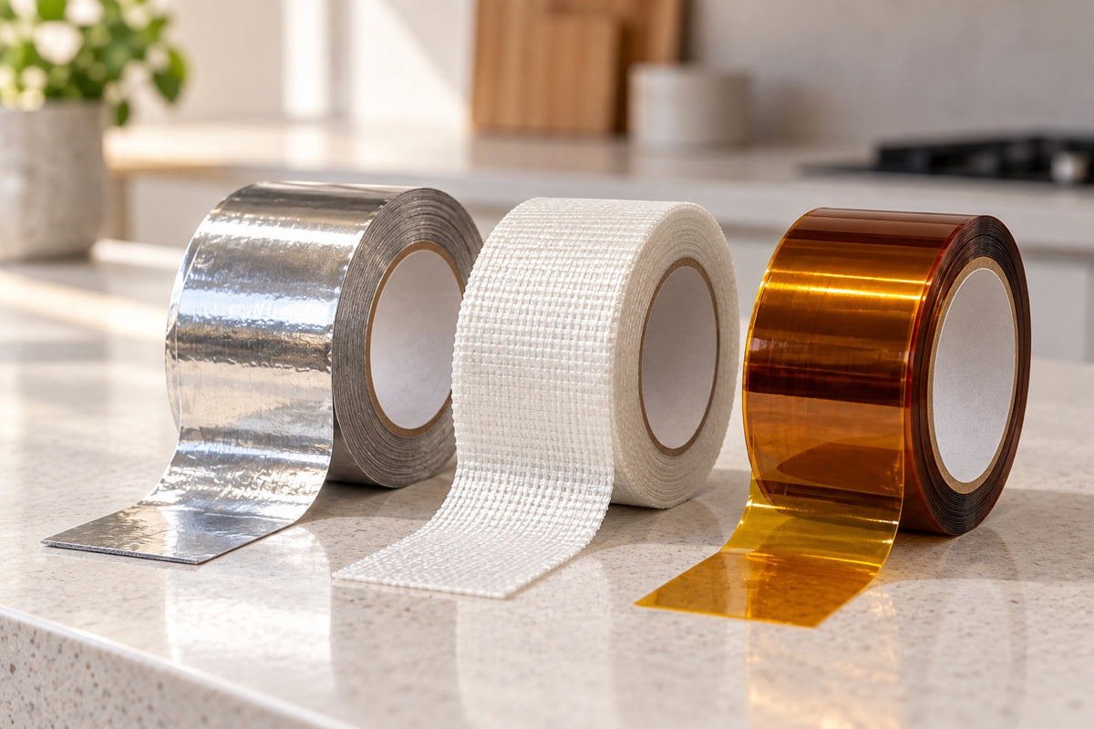 Rolls of aluminium foil tape, white fibreglass cloth tape and amber polyimide tape on a stone benchtop