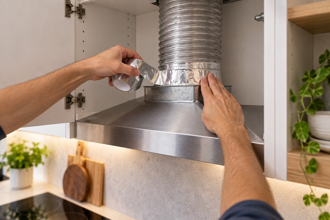 Hands sealing a rangehood's aluminium duct to its collar with aluminium foil tape inside a kitchen cabinet