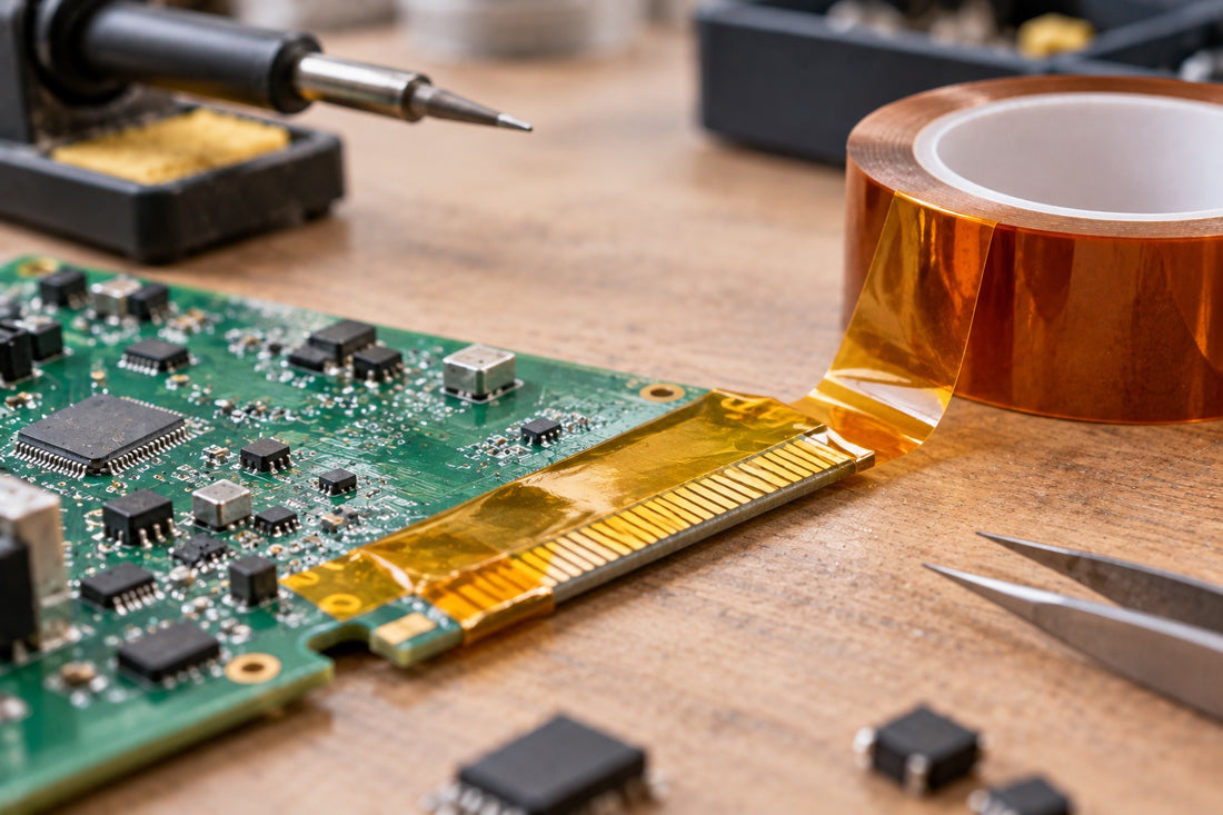 A circuit board's gold connector fingers masked with amber polyimide tape on a workbench
