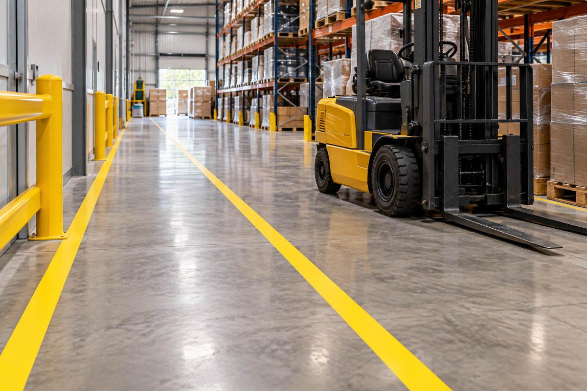 A warehouse floor with a walkway marked by yellow floor marking tape beside a forklift