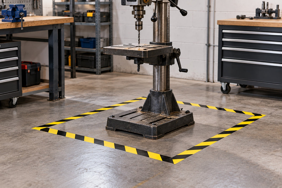 A drill press surrounded by a square of yellow and black hazard tape on a workshop floor