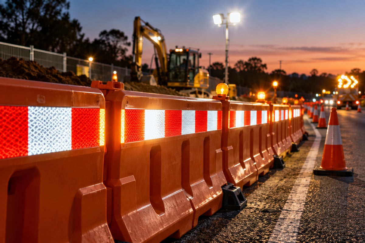 Orange road barriers with red and white reflective tape glowing at a roadside work zone at dusk