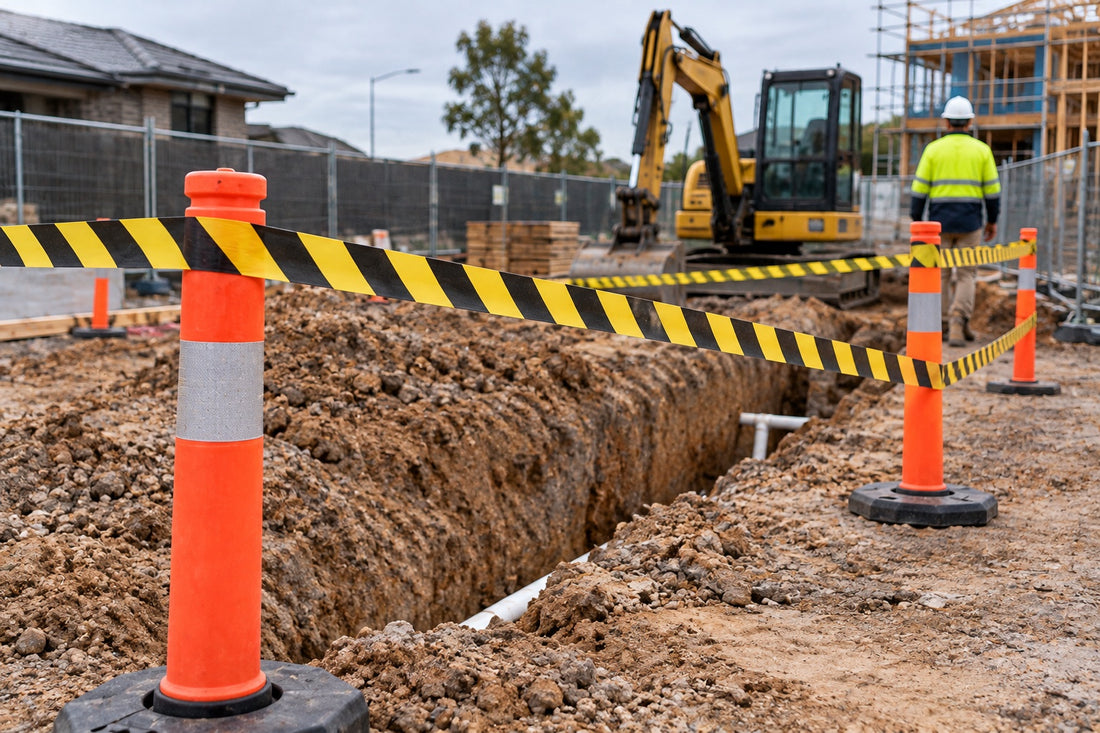 A trench on a building site cordoned off with yellow and black barrier tape between orange bollards