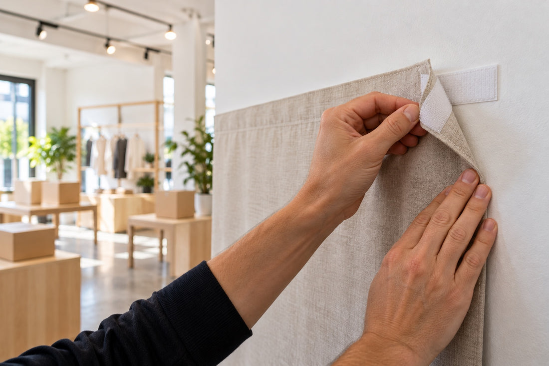 Hands pressing a linen backdrop onto white hook and loop strips on a pop-up shop wall