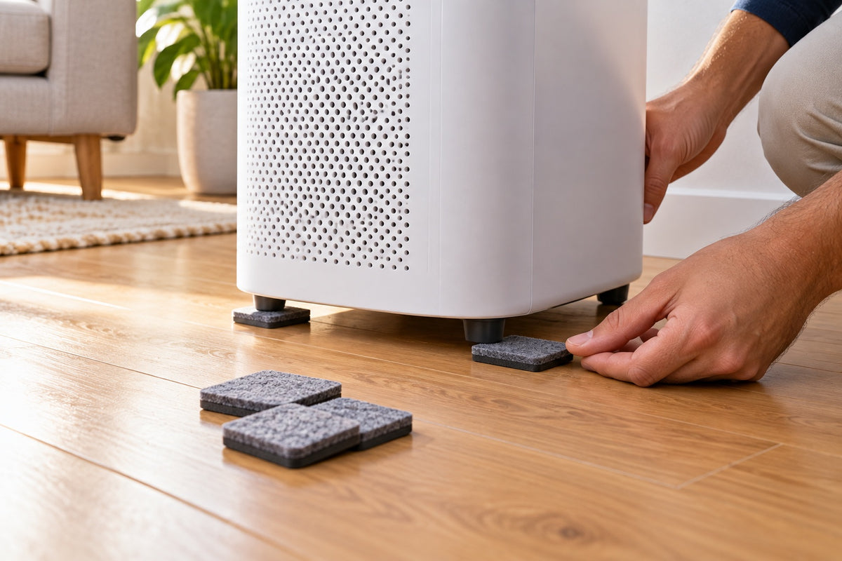 Hands placing square grey felt pads under the feet of an air purifier on a timber floor