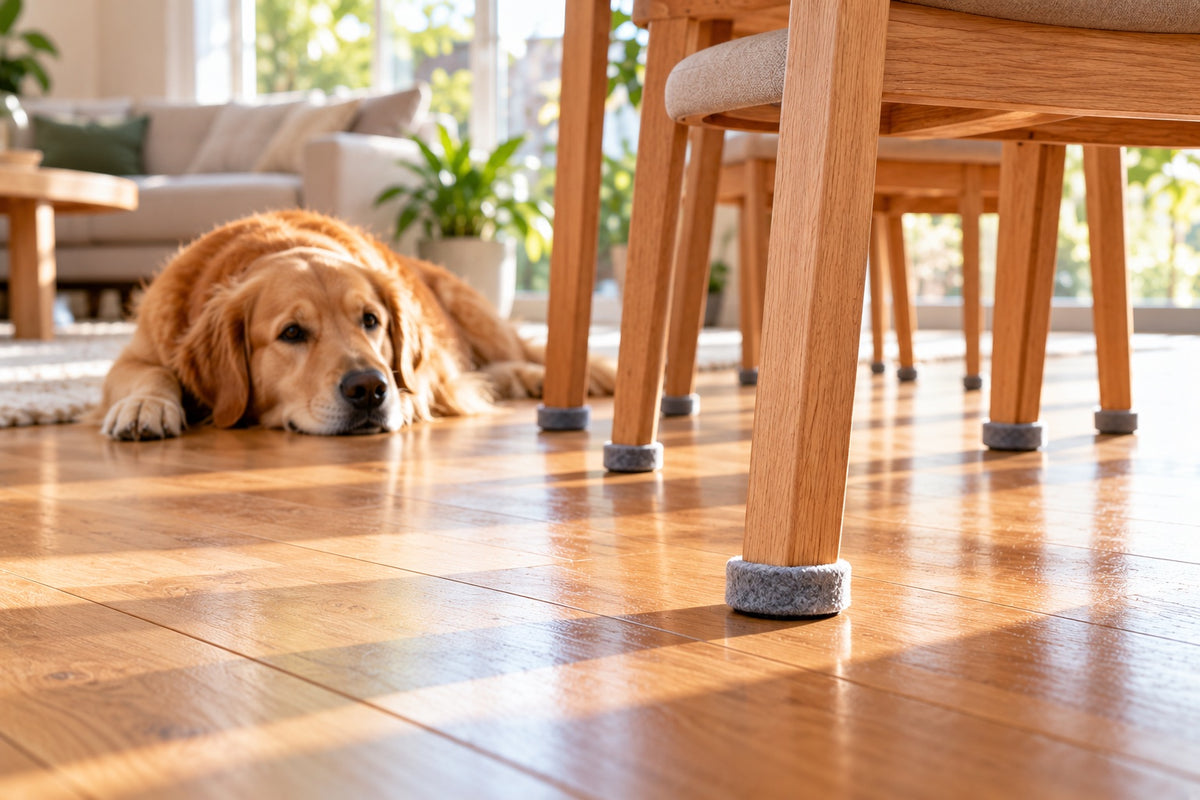 A golden retriever resting on a timber floor beside dining chairs with grey felt pads on their legs